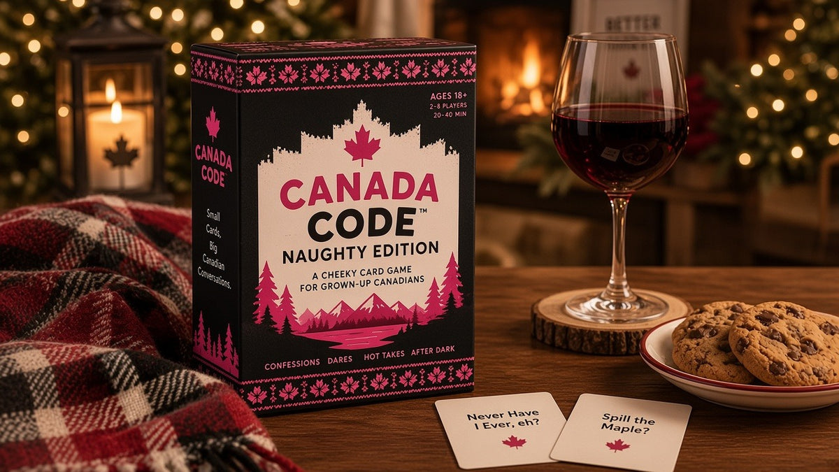 Canada Code Naughty Edition expansion pack – 200 cards, box by the fireplace